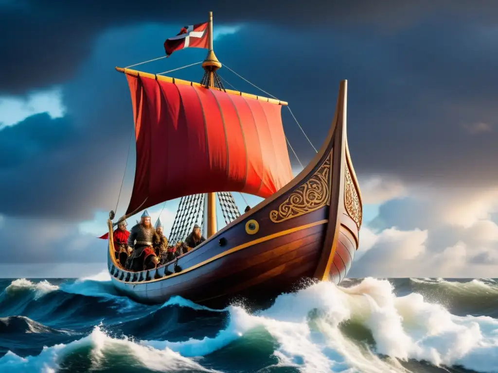 Embarcaciones vikingas para comercio: Réplica de un knarr vikingo navegando en mares turbulentos con tripulación ataviada con atuendo tradicional