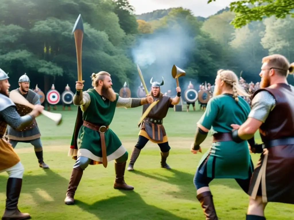 Emocionante competencia de lanzamiento de hachas en fiestas vikingas, con participantes concentrados en un bosque verde