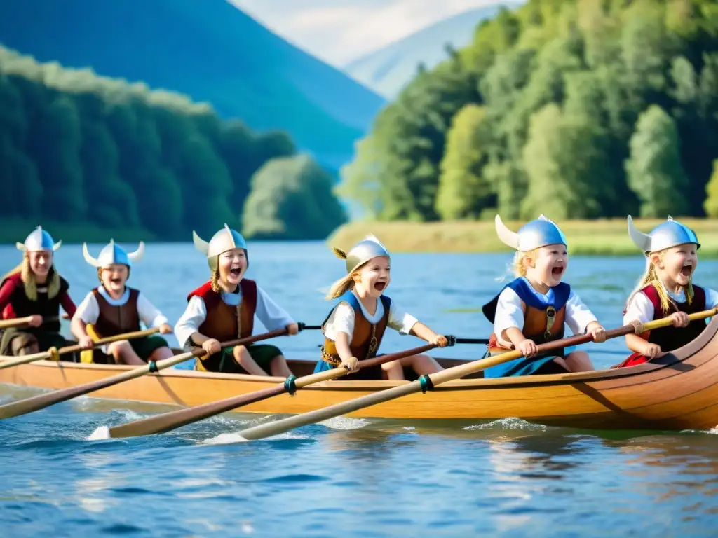 Un emocionante desfile de niños vestidos de vikingos remando en una carrera de barcos en un lago, rodeados de naturaleza