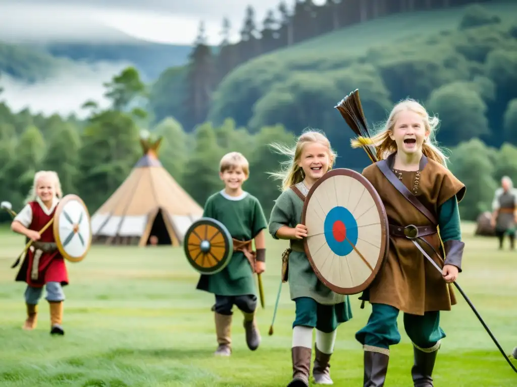 Un emocionante encuentro de niños en trajes vikingos participando en actividades recreativas históricas en un prado verde