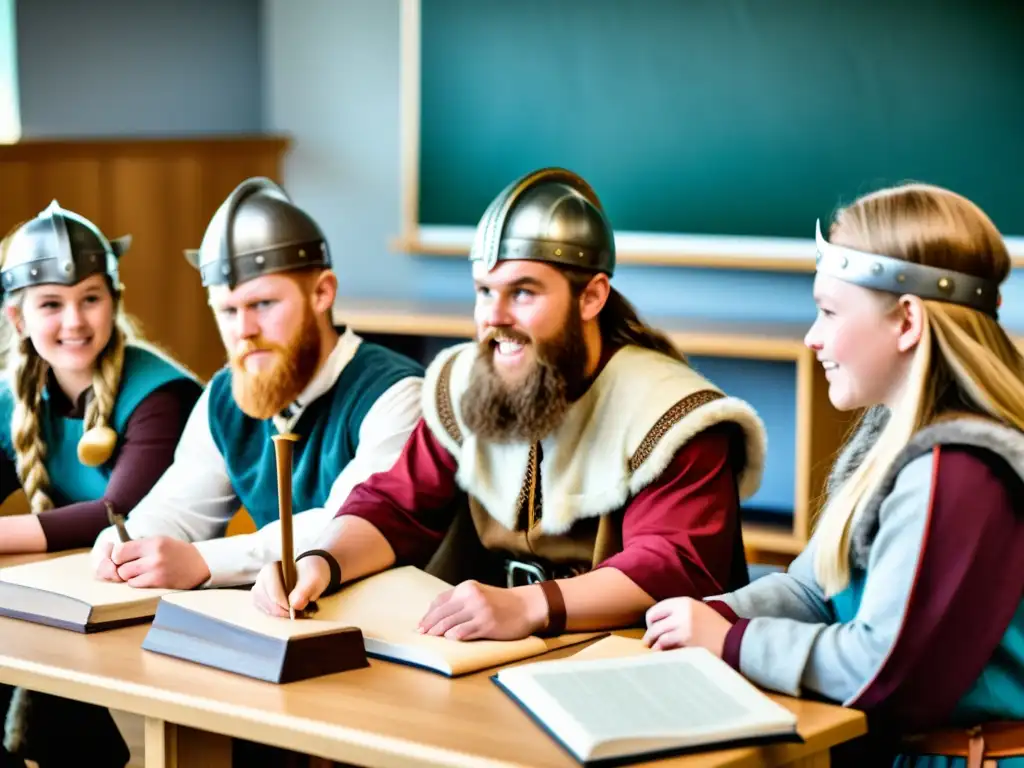 Un emocionante encuentro de Vikingos en la educación moderna, donde estudiantes exploran la cultura vikinga con entusiasmo en un aula histórica