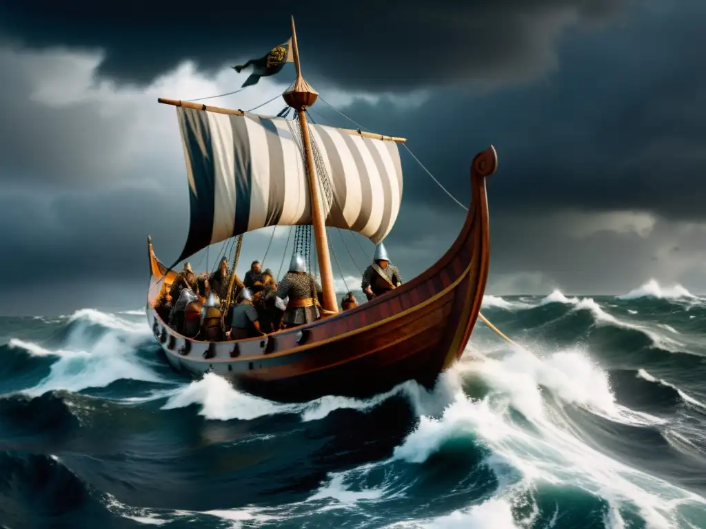 Emocionante escena de un barco vikingo en medio de una tormenta en el mar, reflejando las alianzas políticas vikingas, conflicto y concordia