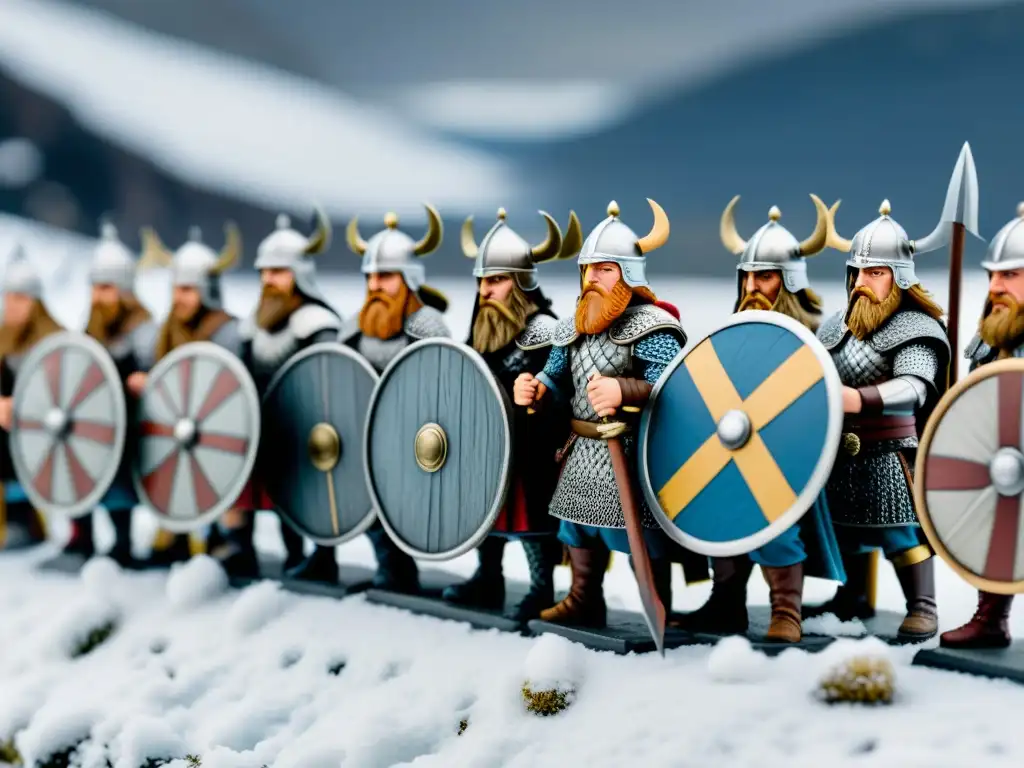 Emocionante escena de batalla vikinga en miniatura en un paisaje nevado