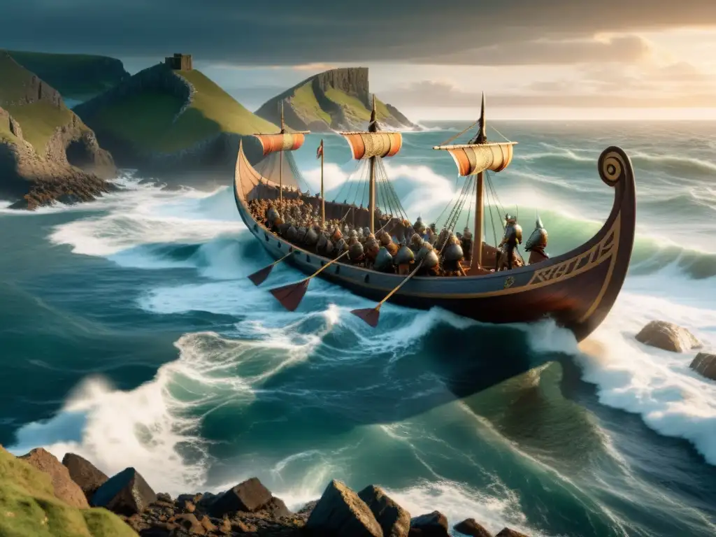 Emocionante escena de la conquista de las Islas del Canal por un feroz barco vikingo al amanecer