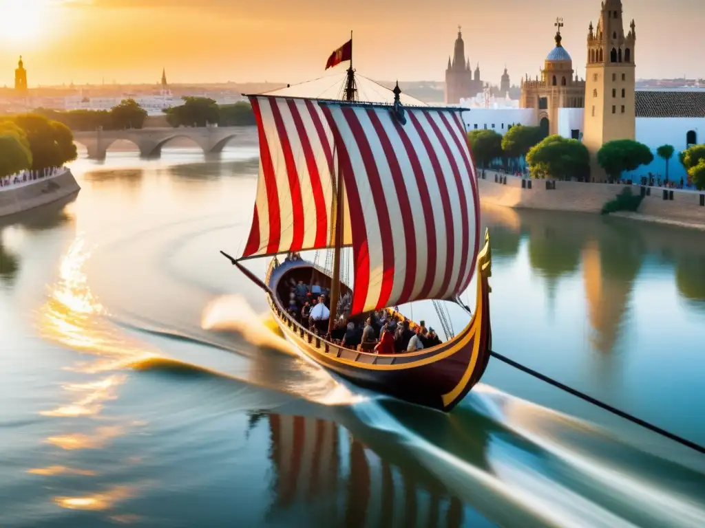 Emocionante escena de leyendas vikingas navegando en Sevilla, entre mitología y cultura, con el skyline histórico al fondo