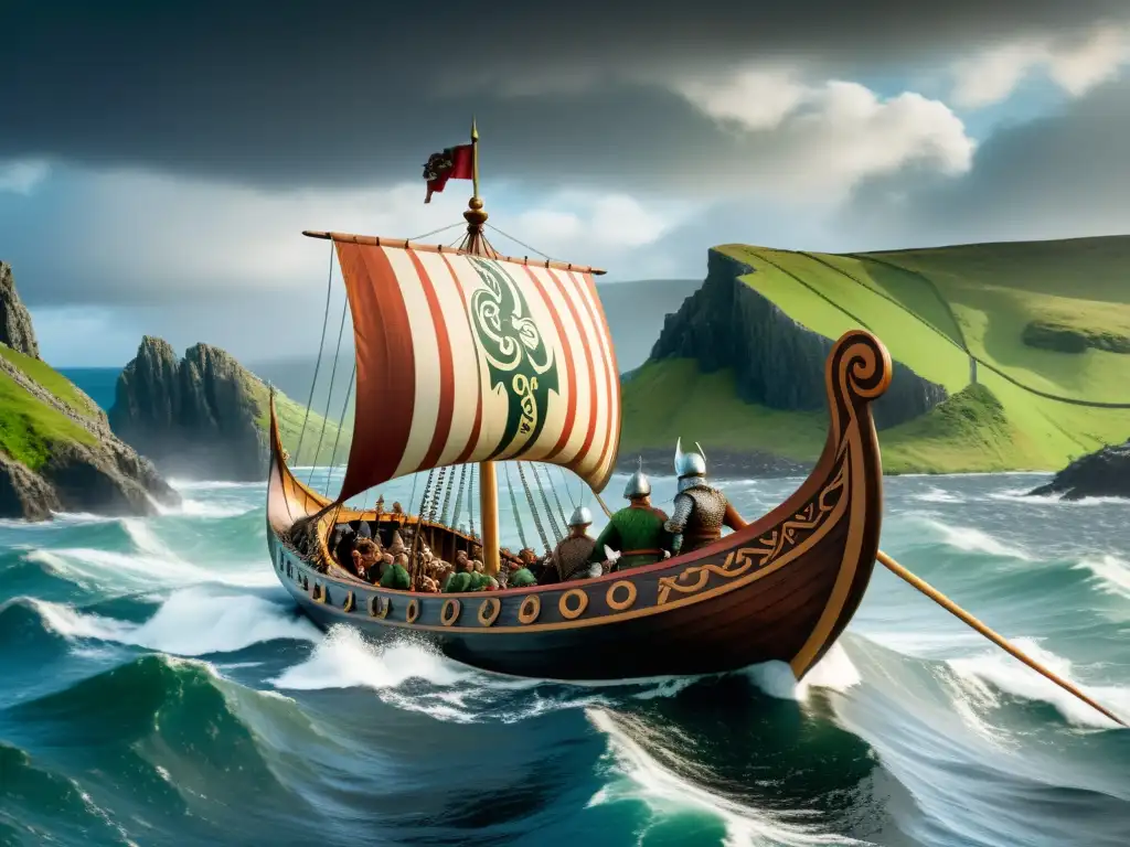 Emocionante escena de una tradición vikinga en Isla de Man: un drakkar navegando entre aguas turbulentas, guerreros y escudos ornamentados