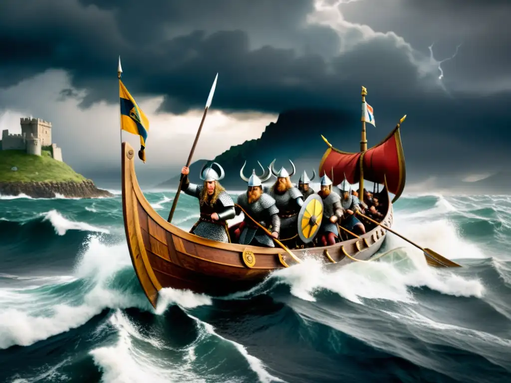 Vikingos en alta mar: épica batalla bajo tormenta Emocionante escena de un drakkar vikingo surcando mares tormentosos, con guerreros poderosos a bordo y un castillo medieval en la costa rocosa
