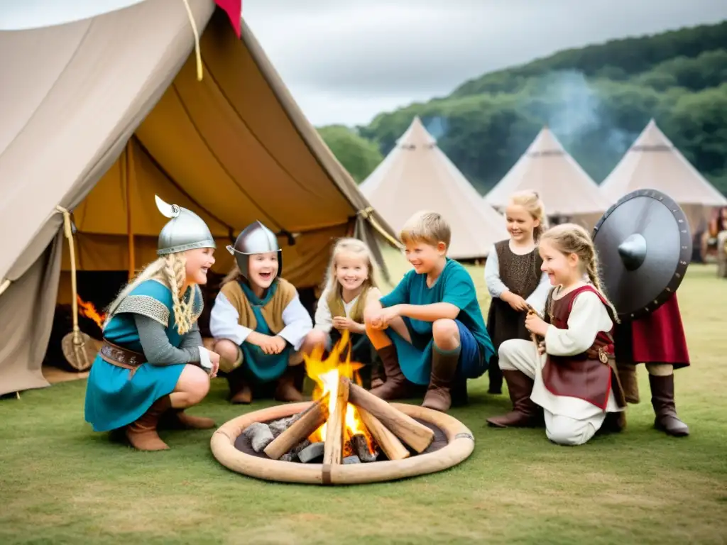 Un emocionante festival vikingo para familias: niños disfrutan de actividades educativas y aventureras entre tiendas y banderas vikingas