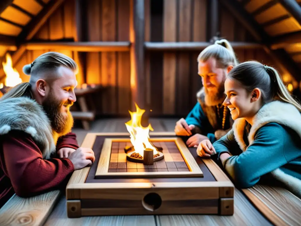 Un emocionante juego de Hnefatafl en una acogedora casa vikinga, con decoraciones nórdicas y una cálida fogata