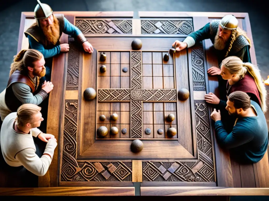 Un emocionante juego Hnefatafl estrategia cultura vikinga se desarrolla en un escenario oscuro iluminado por antorchas