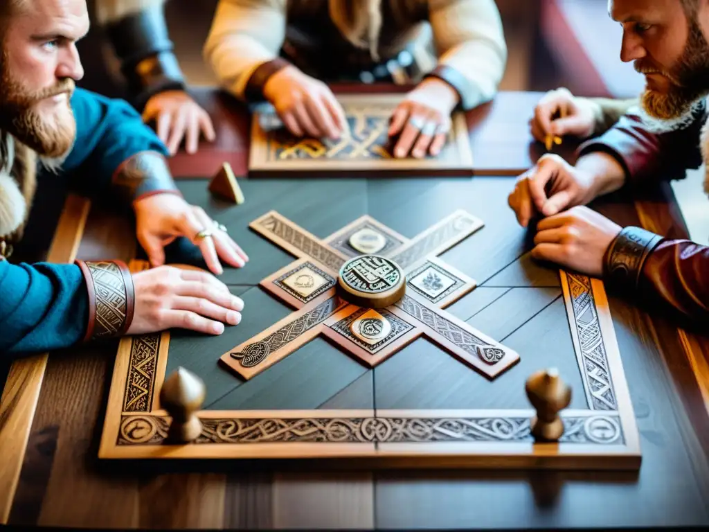 Un emocionante juego de mesa vikingo rompecabezas en una casa nórdica iluminada tenue, con personajes concentrados