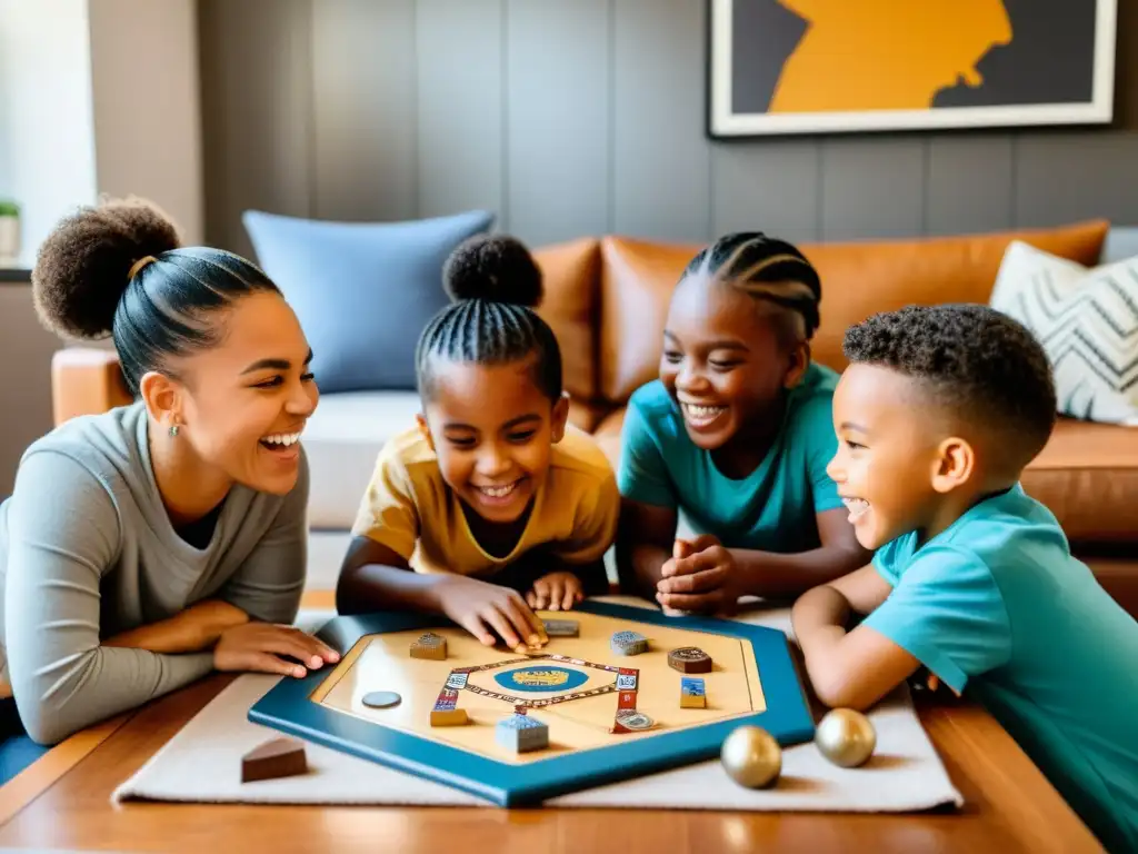 Un emocionante juego de mesa vikingo educativo con niños de diversas etnias y géneros disfrutando en una acogedora sala de estar