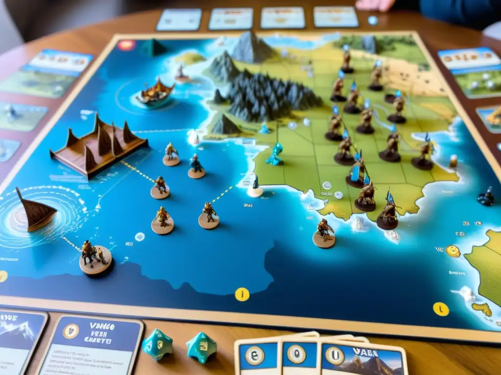 Un emocionante juego de mesa vikingo moderno con guerreros, barcos y criaturas míticas en un detallado escenario del Mar del Norte