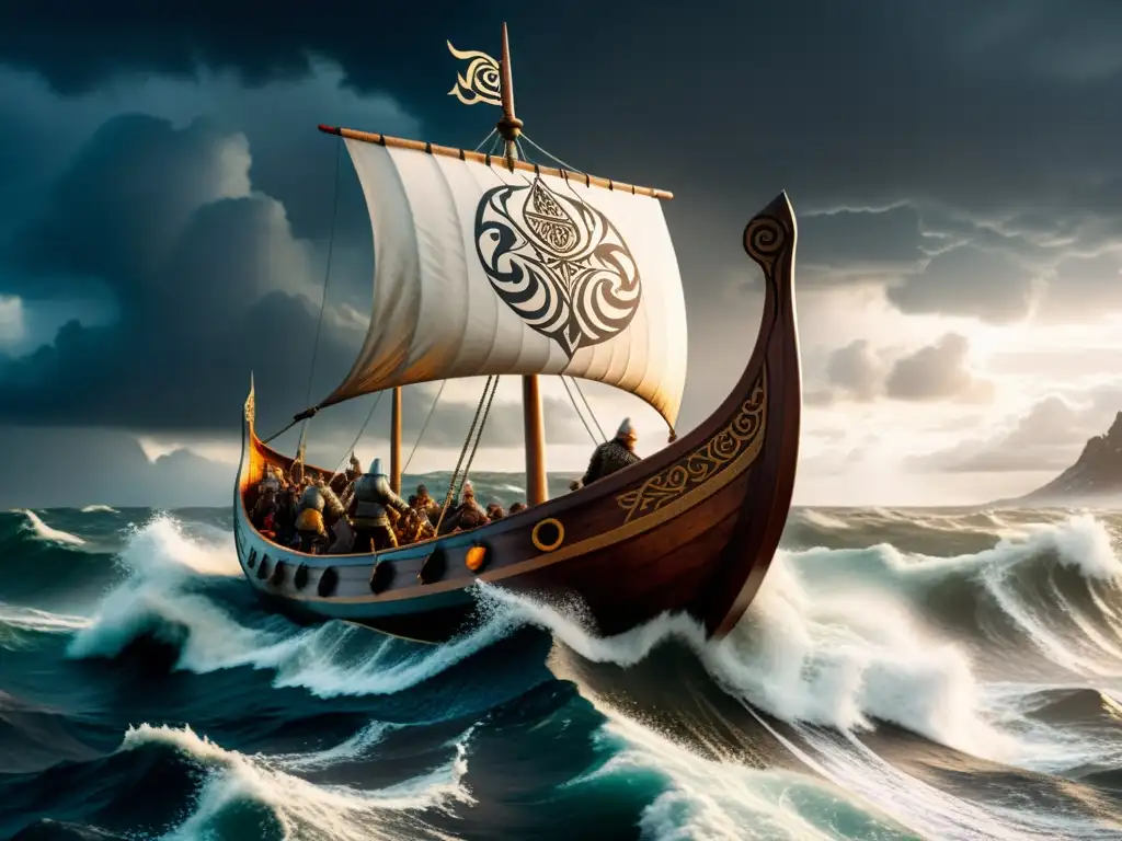 Emocionante navío vikingo en tormenta con guerreros y símbolos tallados