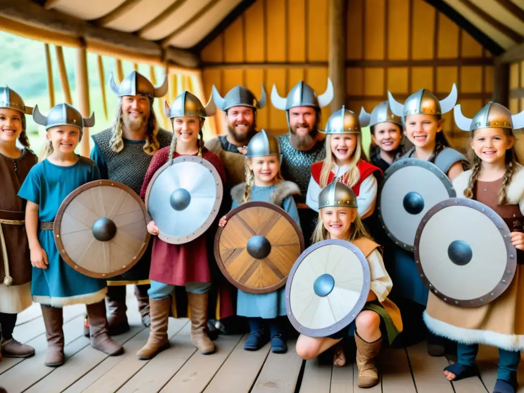 Un emocionante programa educativo vikingo en una casa larga, con niños disfrazados y maestro vikingo