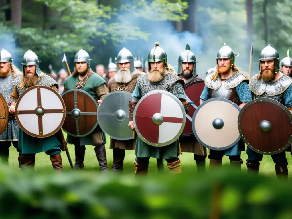 Un emocionante reenactment vikingo en el bosque: guerreros, armas y escudos en una batalla épica