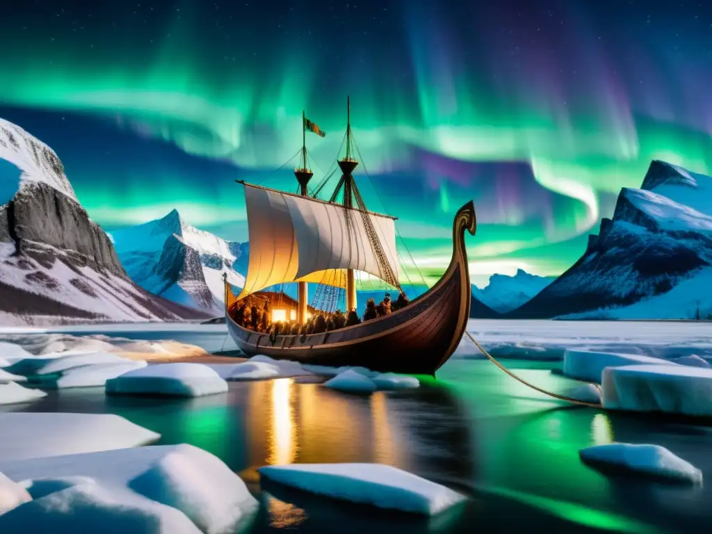 Un emocionante viaje en un drakkar vikingo por las heladas aguas bajo la aurora boreal, destacando las rutas comerciales vikingas y su impacto en la economía global