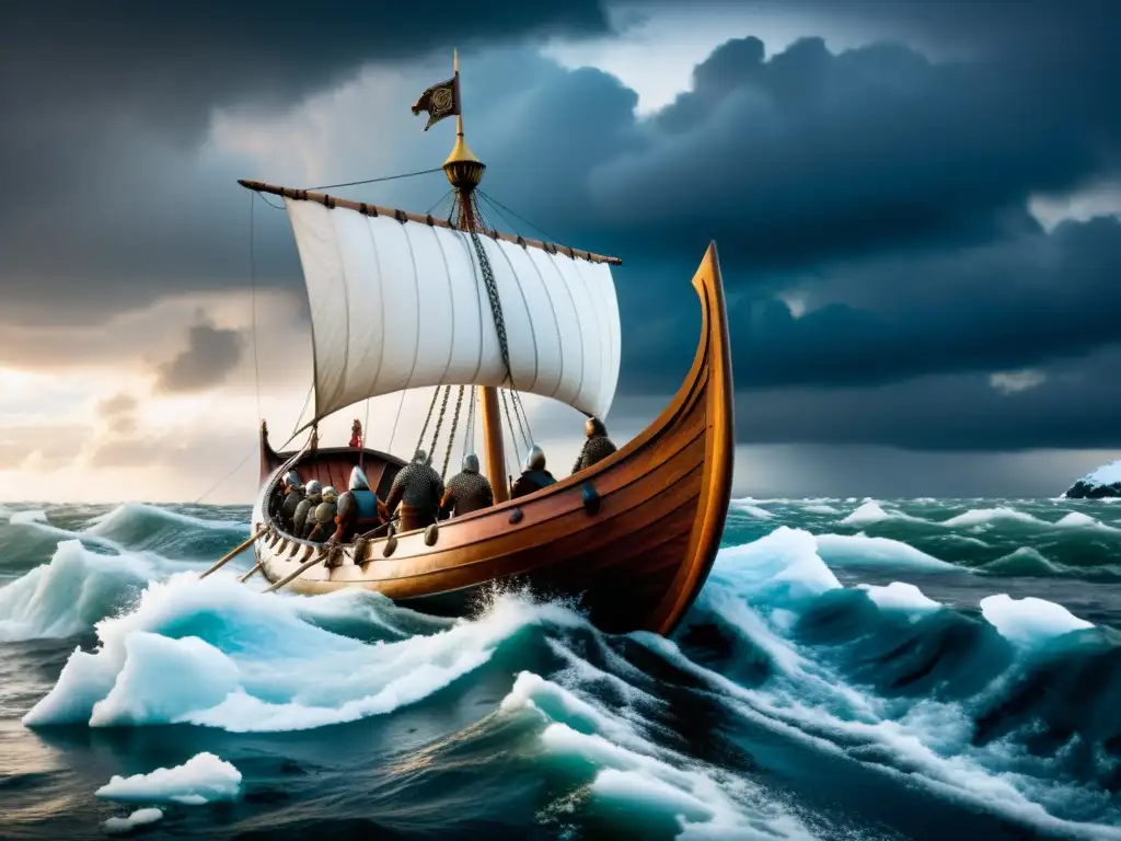 Una emocionante expedición vikinga en aguas heladas bajo un cielo tormentoso
