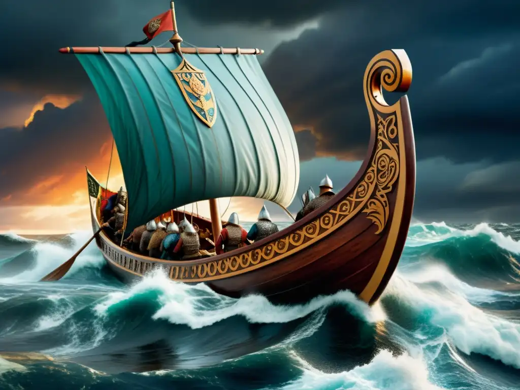 Emocionante ilustración de un drakkar vikingo en alta mar con guerreros y tormenta