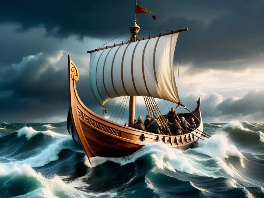 Emocionante ilustración de un drakkar vikingo surcando mares tormentosos con guerreros a bordo