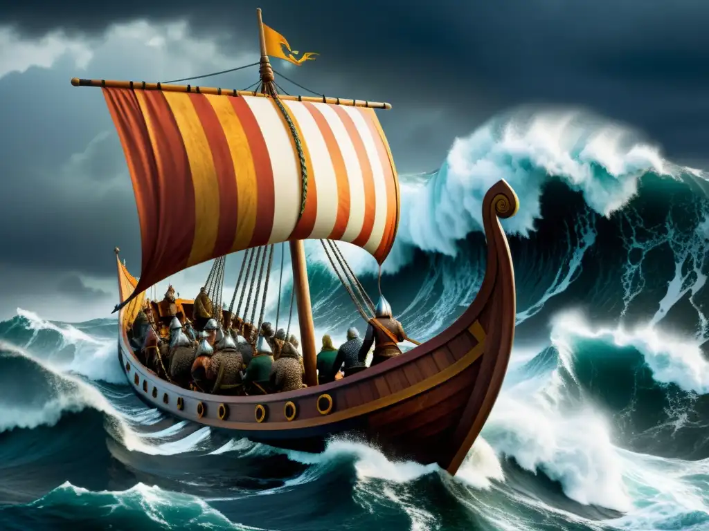 Emocionante ilustración de un drakkar vikingo surcando mares tormentosos con sincretismo religioso mitología vikinga