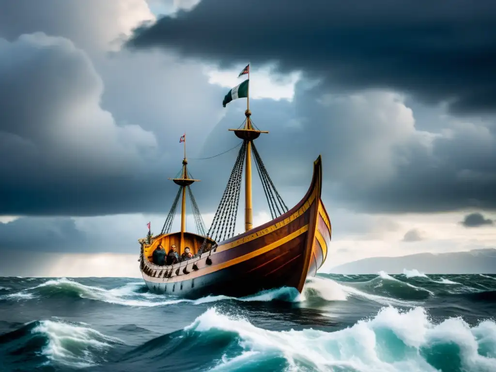 Una emocionante visión del mundo en la era vikinga: un drakkar navega en aguas nórdicas turbulentas bajo un cielo dramático y nublado