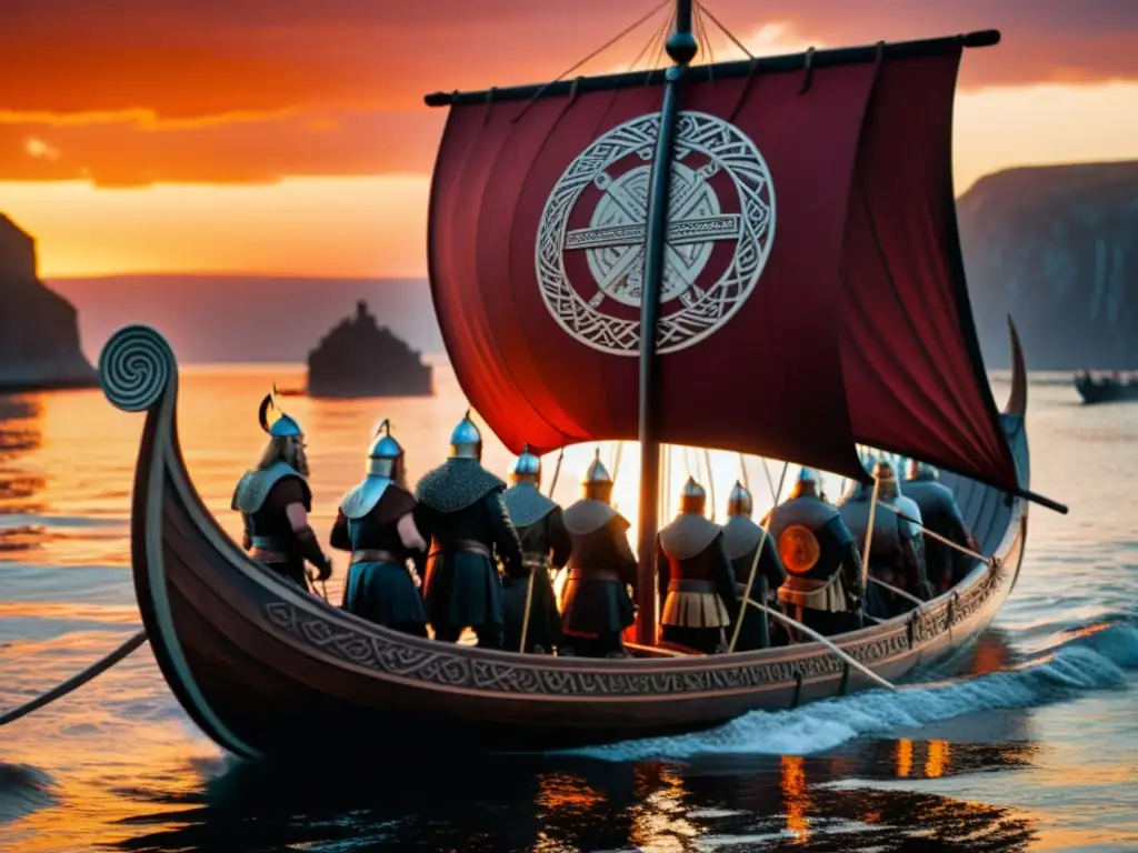 Una emotiva escena de un funeral vikingo al atardecer en el mar, con un barco adornado y guerreros despidiendo a su camarada caído