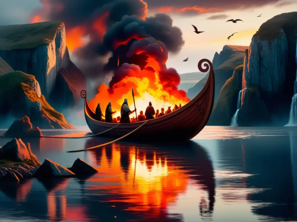 Emotiva ilustración de un funeral vikingo en un fiordo, con un drakkar en llamas y la creencia vikinga en reencarnación