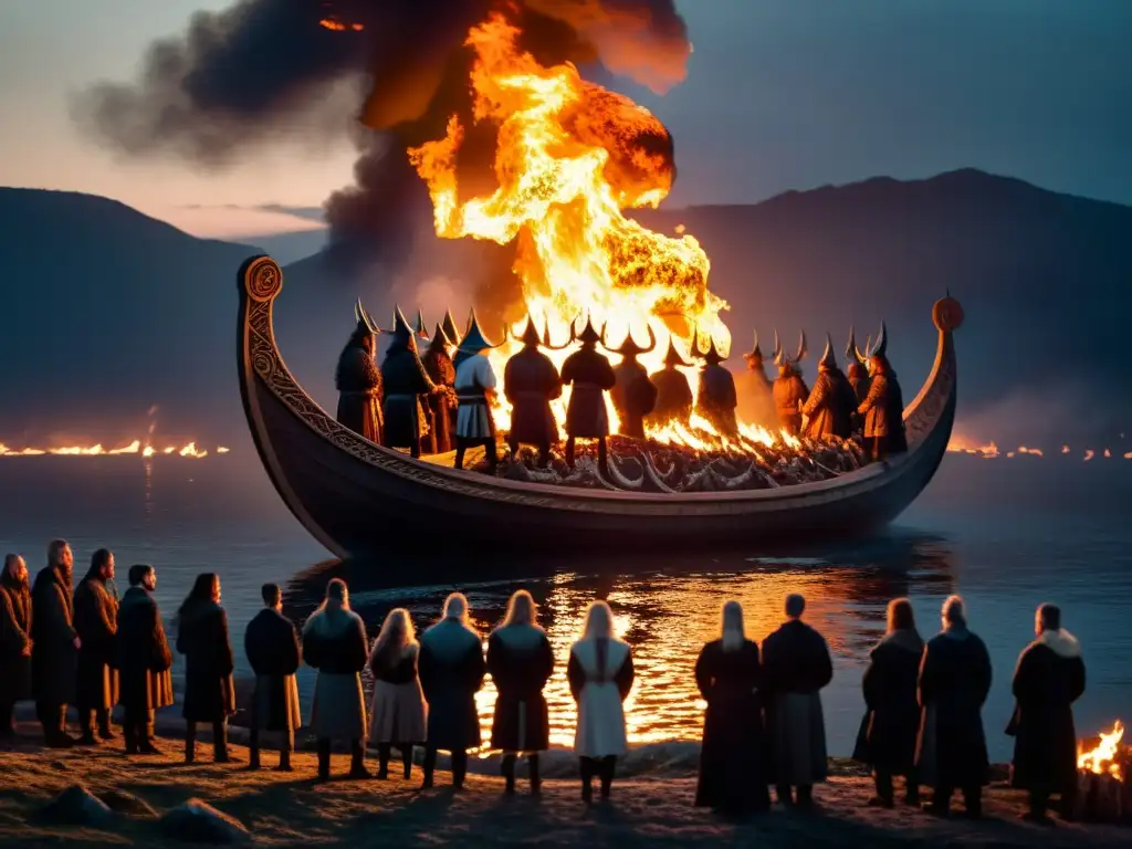 Una emotiva representación de la importancia de la cremación vikinga, con un funeral en un drakkar en llamas y dolientes vikingos