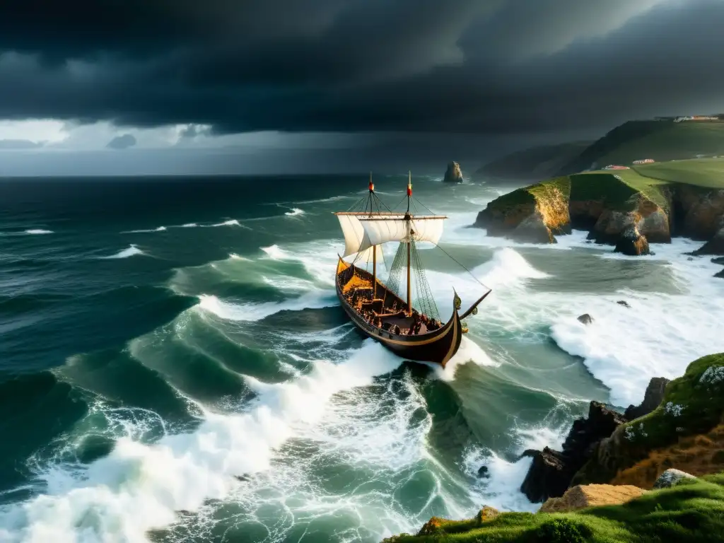 Emotiva representación de incursiones vikingas en Portugal, con barcos aproximándose a la costa en tormenta