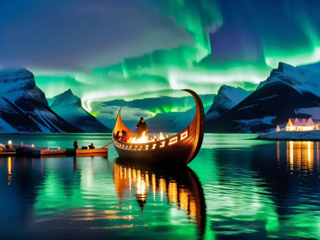 Emotivo funeral vikingo con barco en llamas bajo auroras boreales