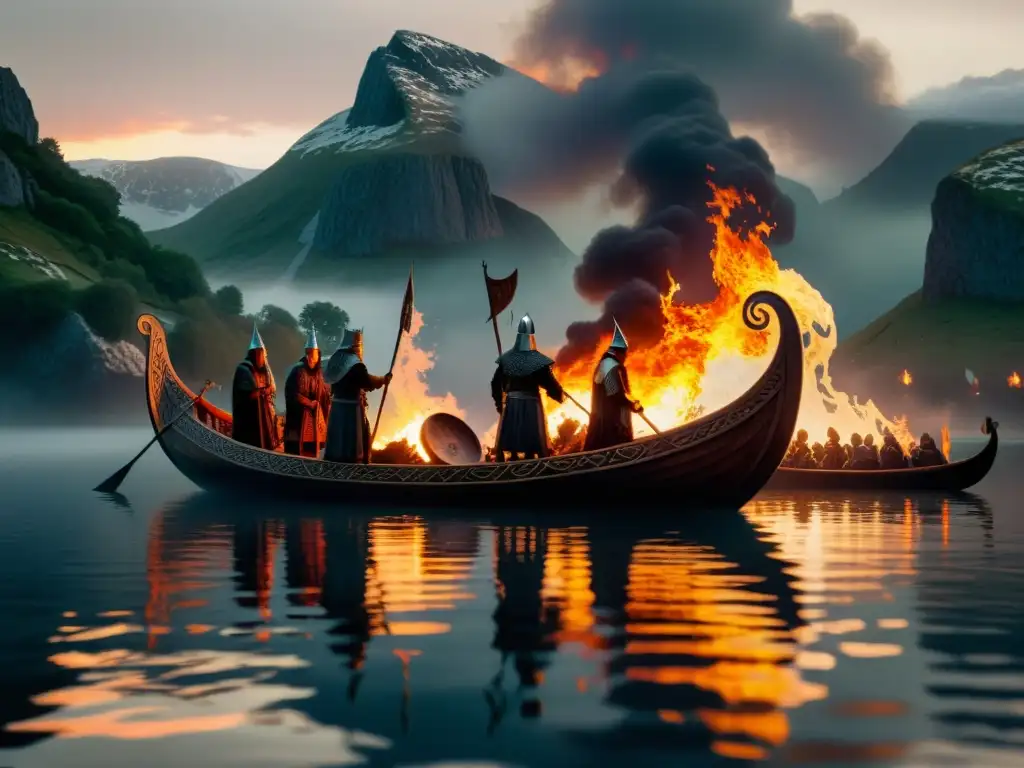 Emotivo ritual funerario vikingo con barco solar en un lago neblinoso