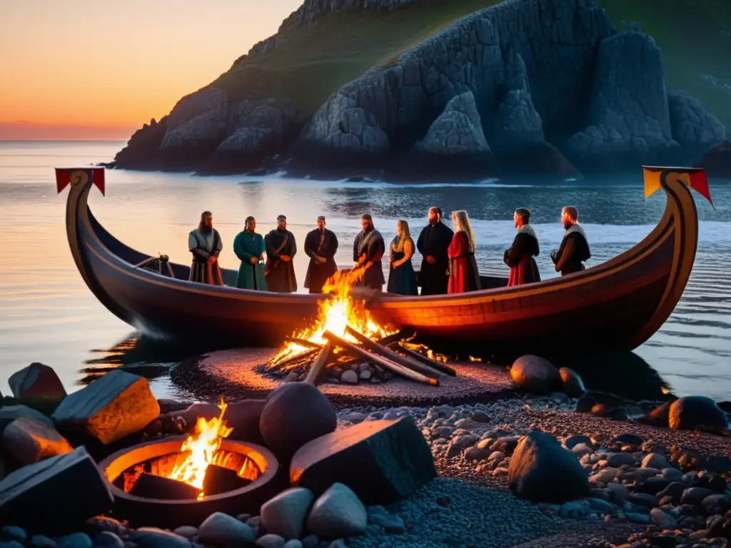 Emotivo ritual vikingo al atardecer con barco en llamas