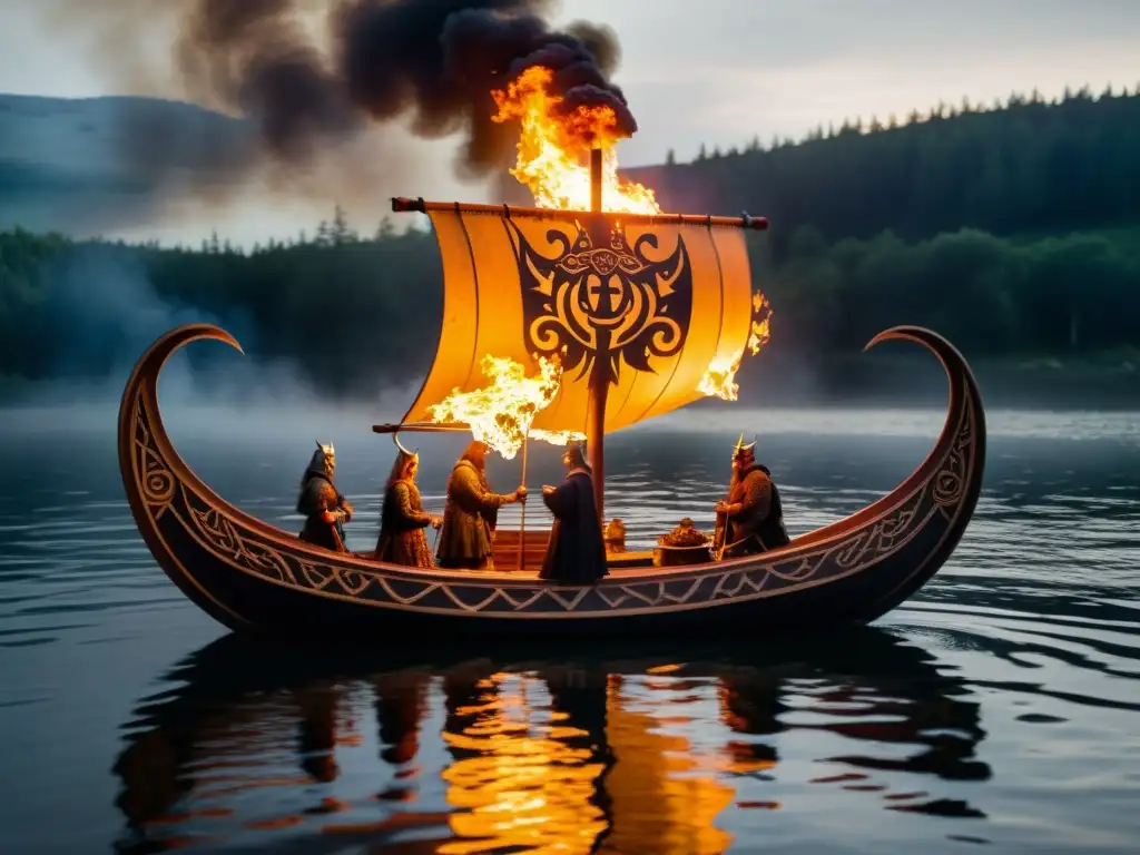 Emotivo ritual vikingo de ofrendas alimenticias en un lago oscuro y neblinoso