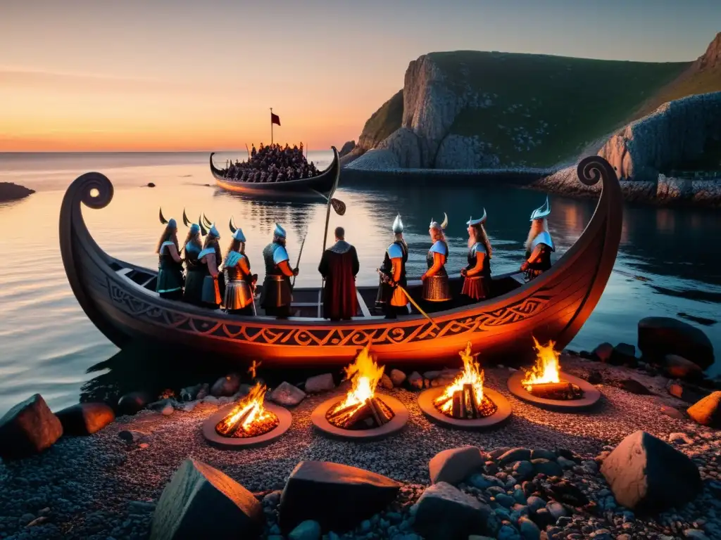 Ritual vikingo en la costa al atardecer Emotivo ritual vikingo de prácticas funerarias en la costa rocosa al atardecer, con barco en llamas y vikingos solemnemente presentes
