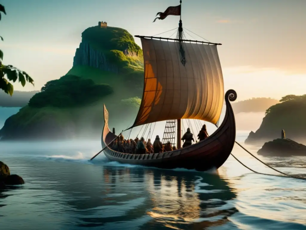 Encuentro de civilizaciones vikingas: Un dramático amanecer con un drakkar aproximándose a una nueva civilización