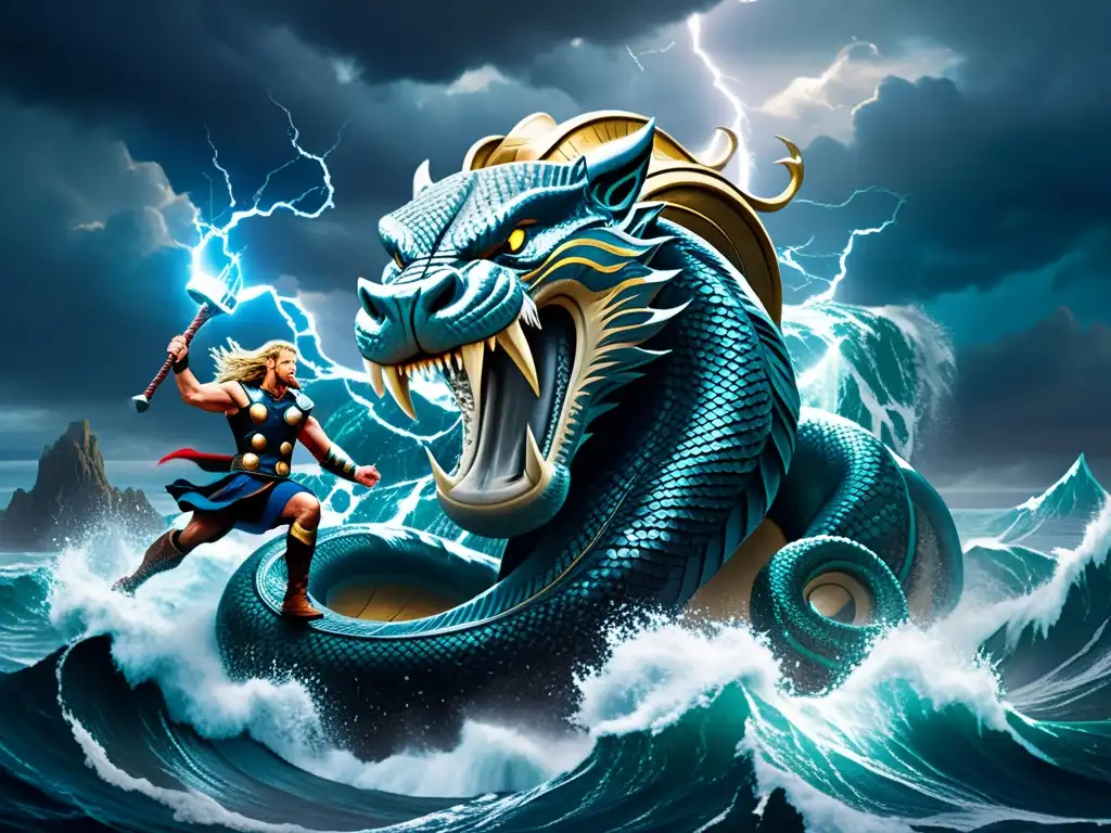 Enfrentamiento épico entre Thor y Jormungandr en el mar tormentoso