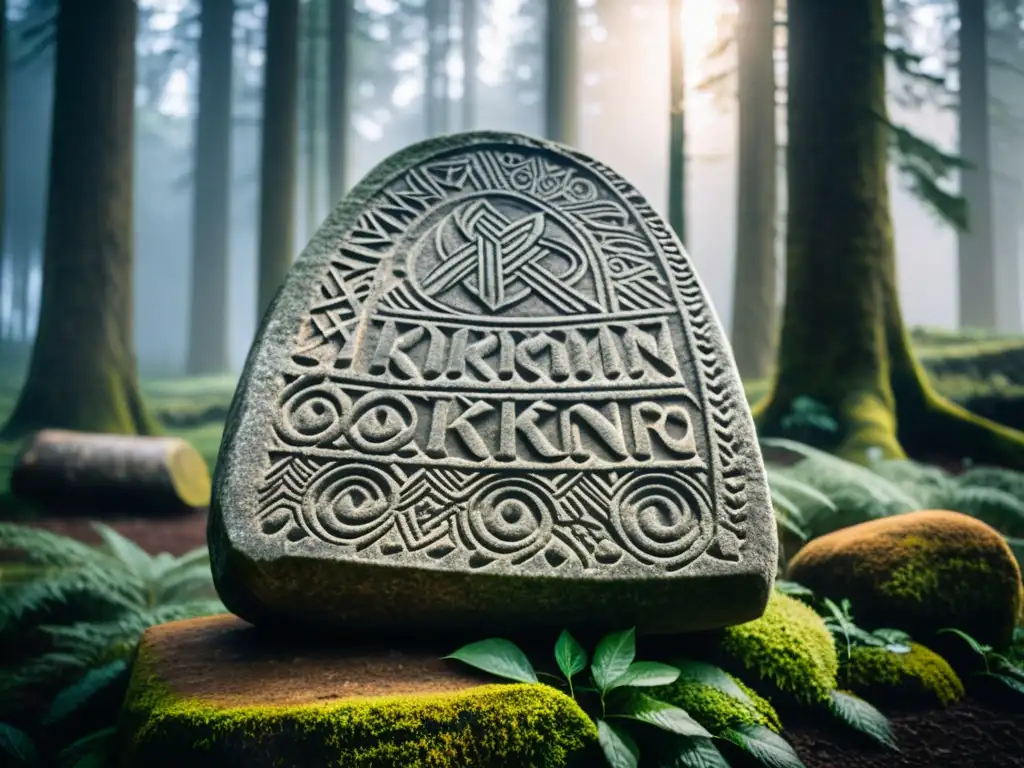 Un enigmático runestone vikingo en un bosque nórdico neblinoso