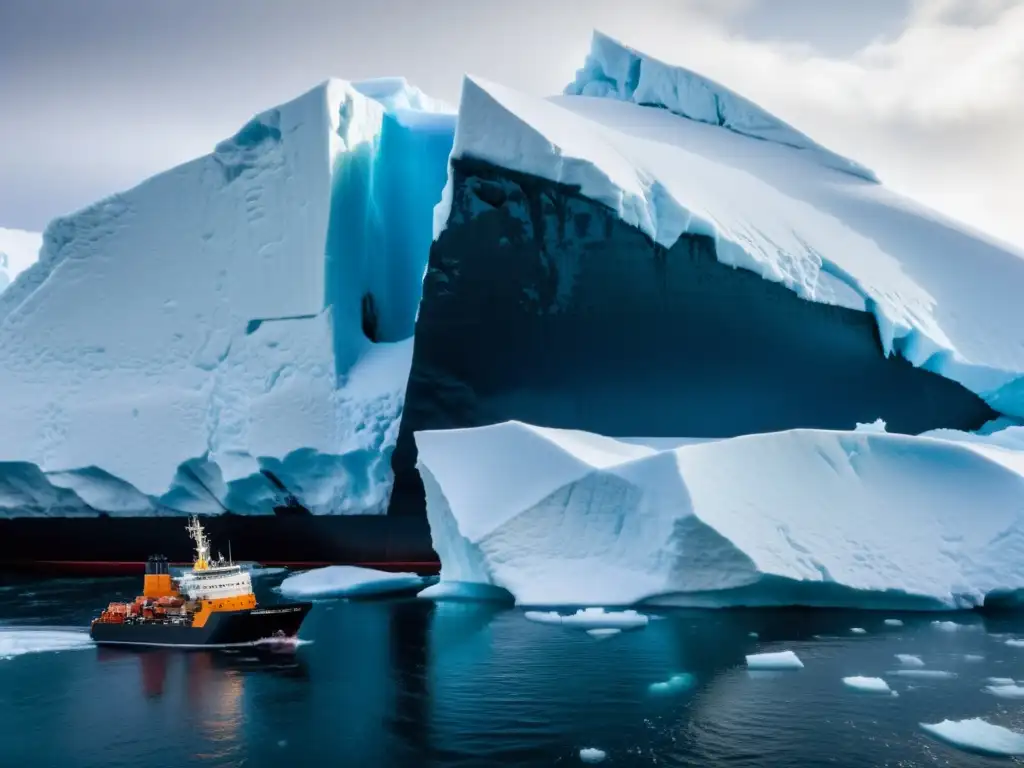 Enorme iceberg cerca de barco en Ruta del Hielo, mostrando desafíos y peligros del comercio en aguas heladas