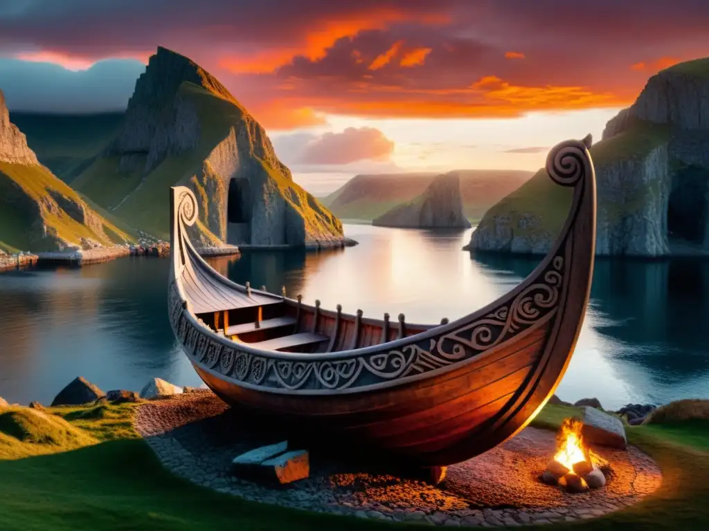 Un entierro vikingo al atardecer con un barco tallado y símbolos rúnicos, rodeado de vestimenta tradicional