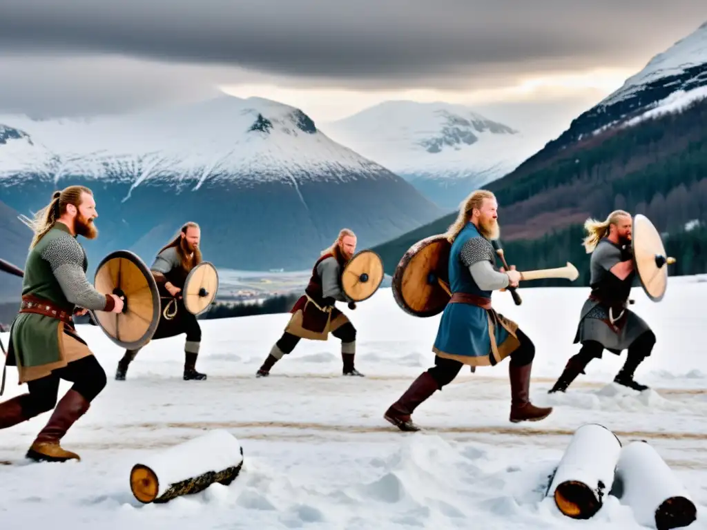 Entrenamiento físico estilo vikingo en la fría y desafiante tierra nórdica, con guerreros poderosos y determinados