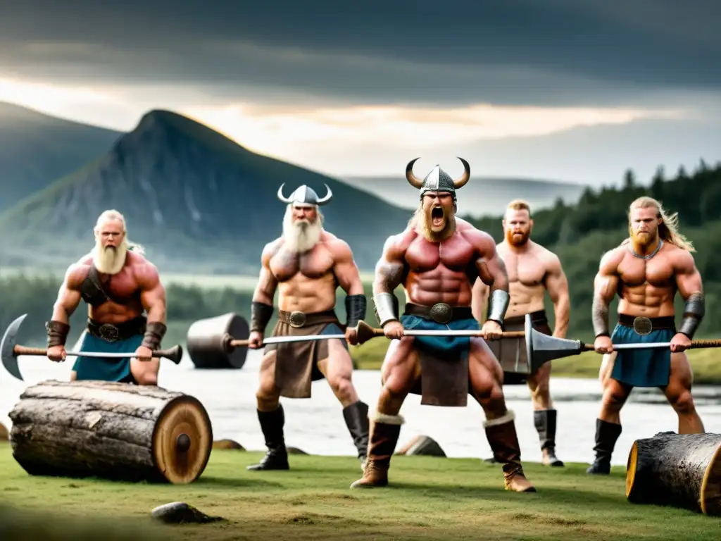 Entrenamiento físico estilo vikingo en paisaje nórdico, con guerreros musculosos y determinados realizando intensos ejercicios al aire libre