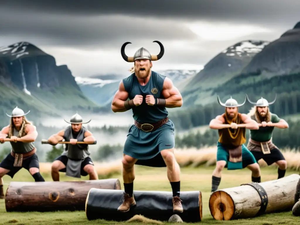Entrenamiento funcional estilo vikingo en paisaje nórdico con atletas en atuendo vikingo levantando rocas y troncos