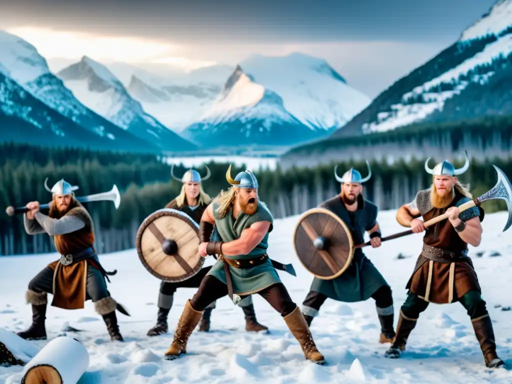 Entrenamiento intenso de guerreros vikingos en la nieve, inspirado en su tenacidad