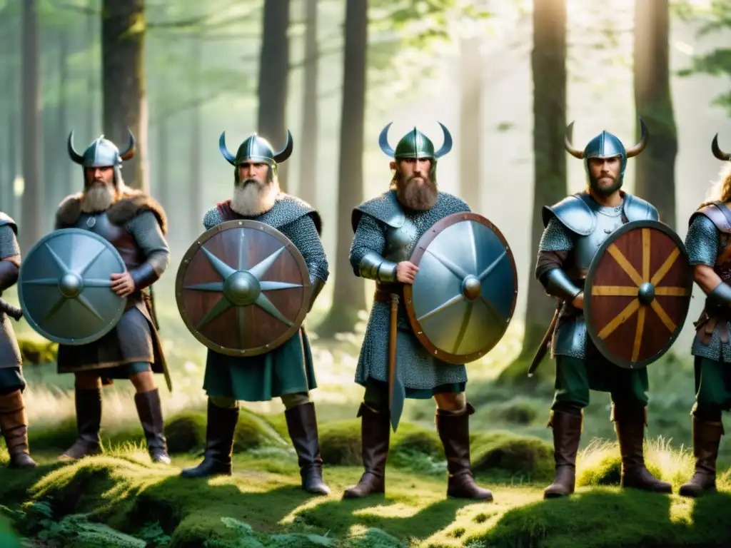 Entrenamiento vikingo en el bosque: guerreros con escudos y hachas escuchan atentos a su líder barbado