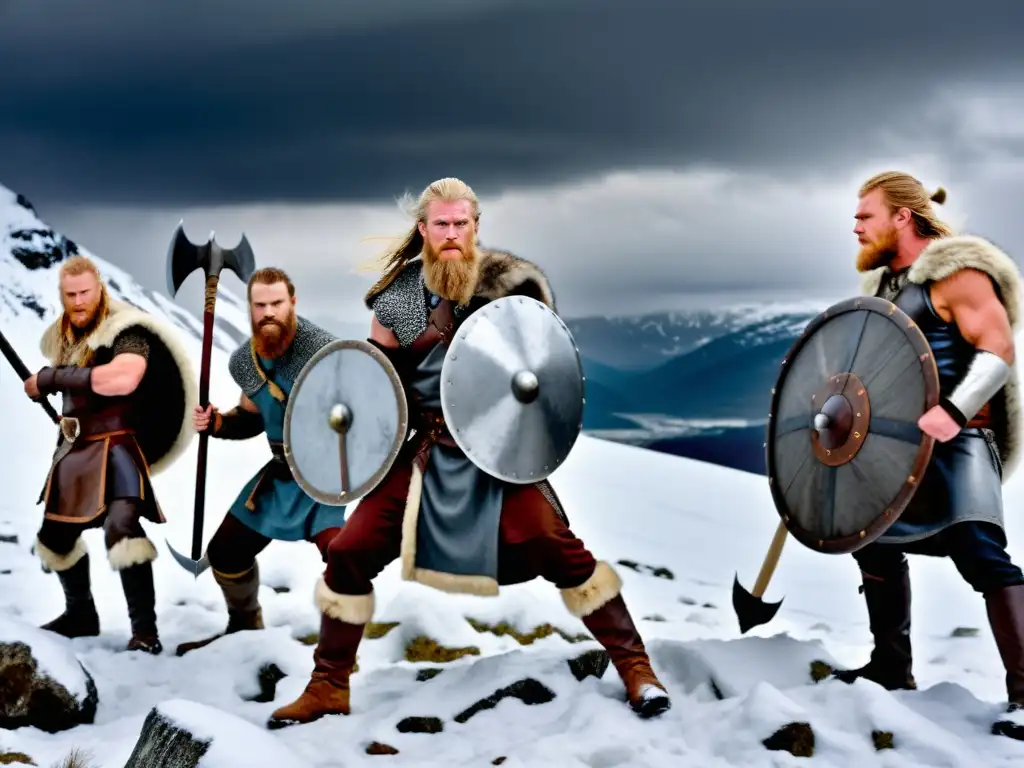 Entrenamiento vikingo en la nieve, guerreros con hachas y escudos, frente a montañas nevadas y cielo tormentoso