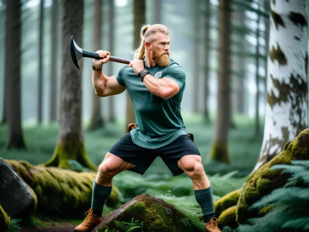 Un entusiasta del fitness moderno practica técnicas ancestrales de caza vikinga en un bosque nórdico exuberante