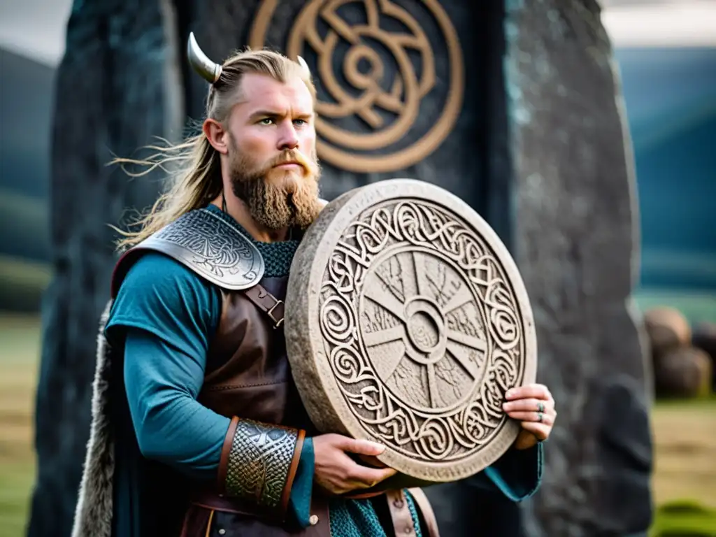 Un entusiasta vikingo moderno con amuletos vikingos protección espiritual, frente a una imponente piedra rúnica tallada