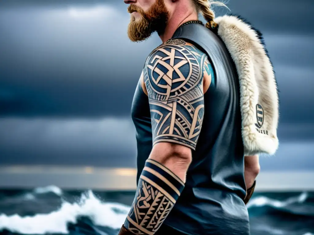 Un entusiasta vikingo moderno con tatuajes de runas y símbolos vikingos, en un barco vikingo en el mar tormentoso