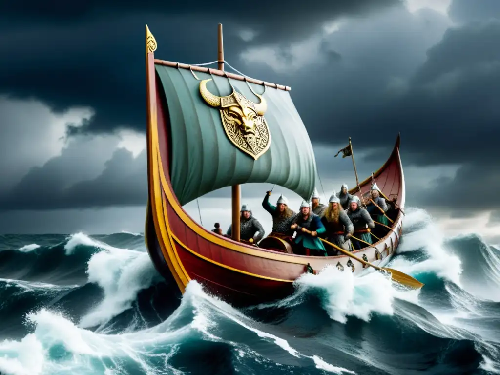 Épica barca vikinga con símbolos vikingos literatura actual surca aguas turbulentas bajo cielo tormentoso, tripulación de guerreros rema con fuerza